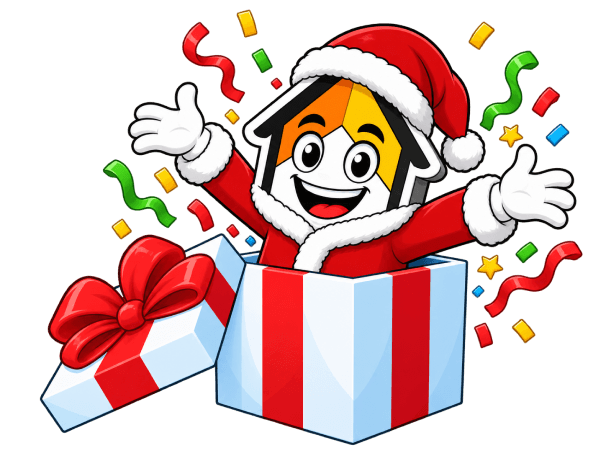 The Ace mascot dressed as Santa bursting out of an open gift box