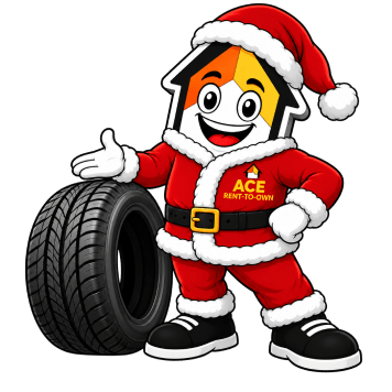 Ace Rent to Own mascot dressed as Santa leaning on a tire